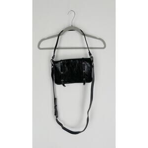 Lia Numa Womens Black Handbag Crossbody Strap Genuine Leather Grommet Purse